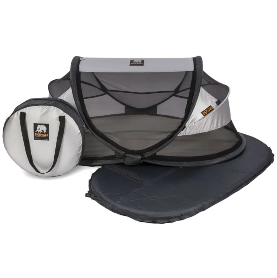 DERYAN Babyreisbedje pop-up met klamboe Luxe zilverkleurig