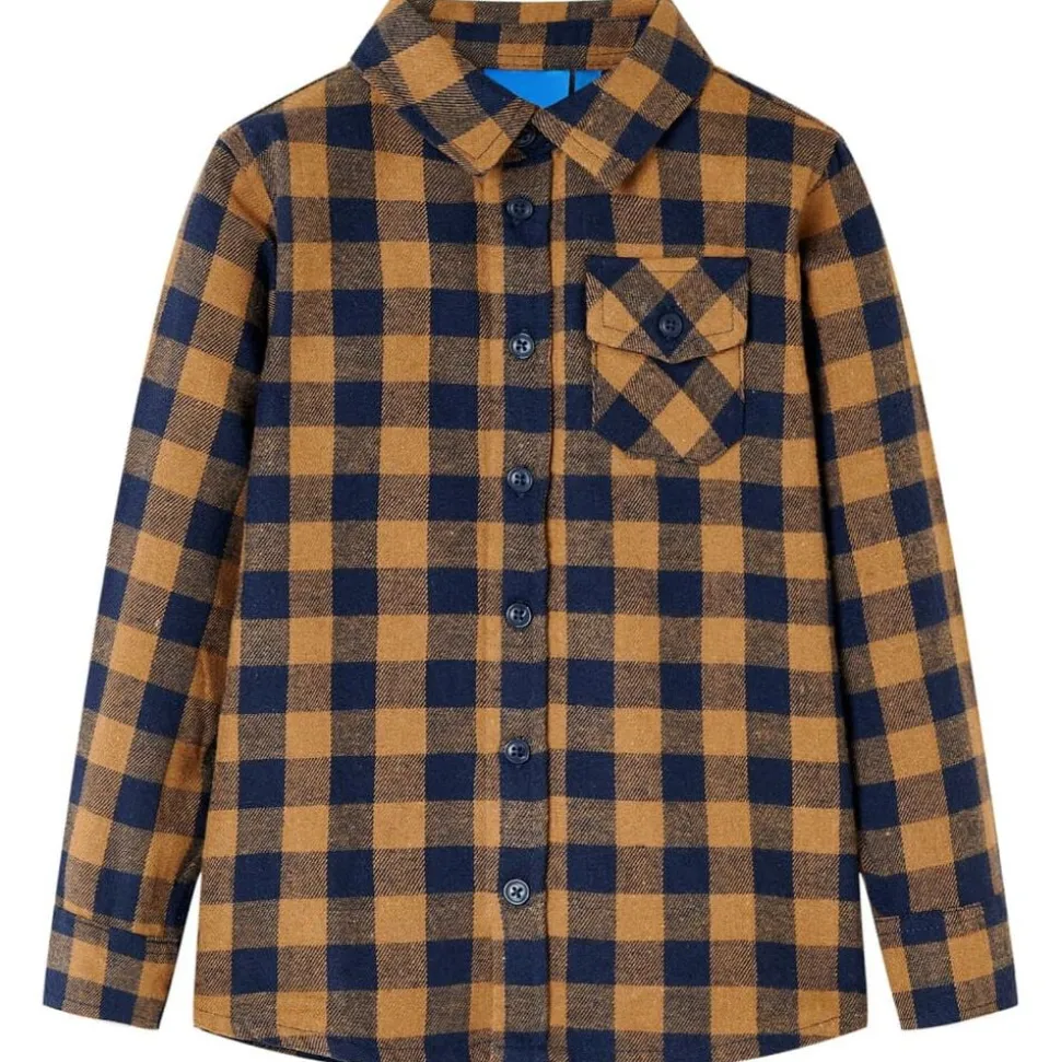 Kinderoverhemd geruit 92 cognackleurig en blauw