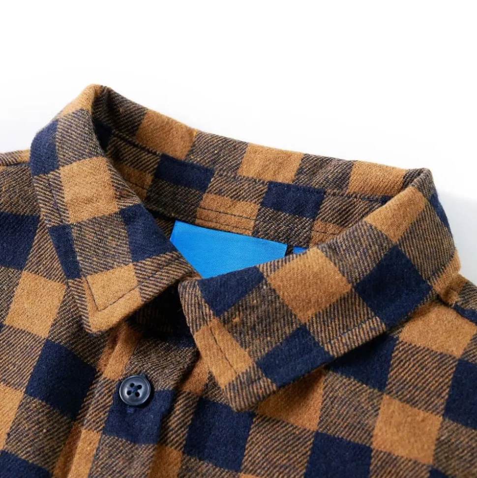 Kinderoverhemd geruit 92 cognackleurig en blauw