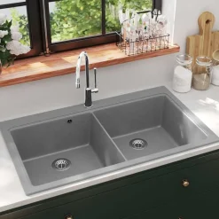 Spoelbak opbouw graniet dubbele bak grijs