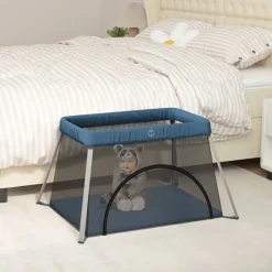 vidaXL Babybox met matras linnen marineblauw