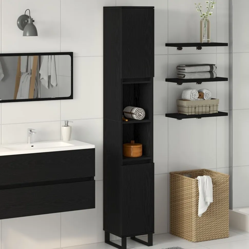 vidaXL Badkamer Kast Zwart Eiken 30 x 30 x 190 cm Bewerkt hout