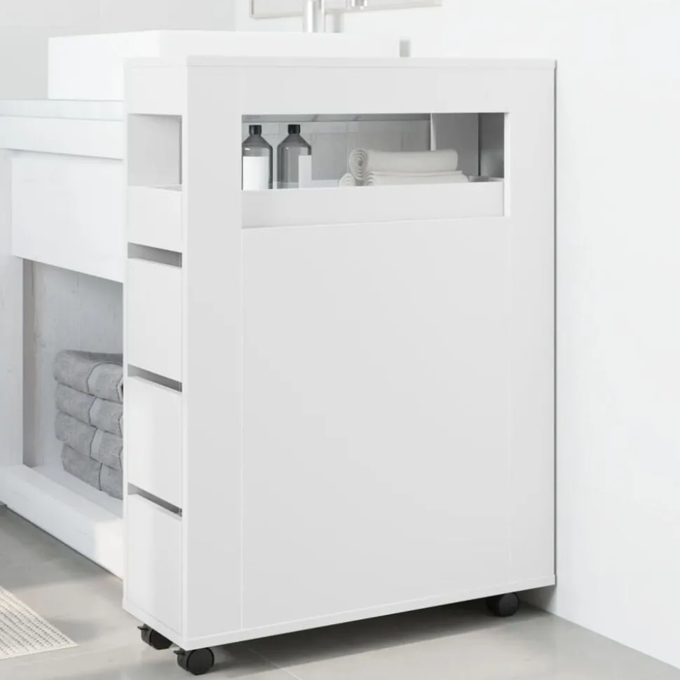 vidaXL Badkamerkast smal met wielen bewerkt hout wit