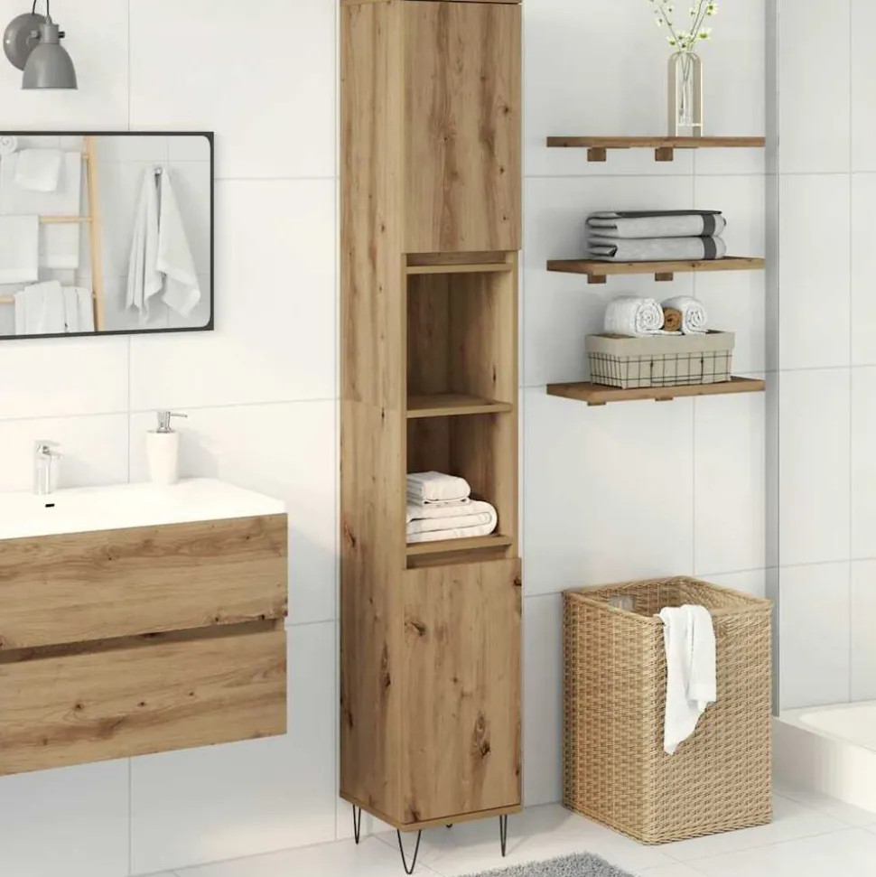 vidaXL Badkamerkast 30x30x190 cm bewerkt hout artisanaal eikenkleurig