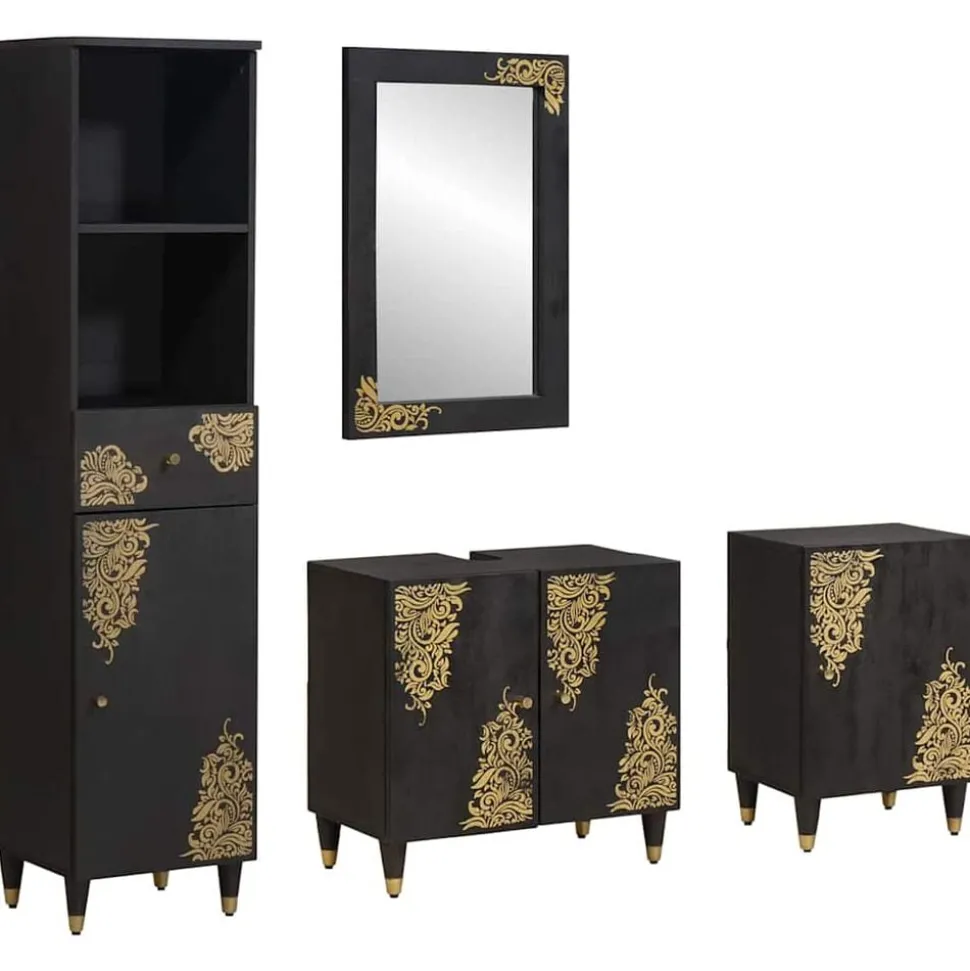vidaXL Badkamerkastenset met lade 4 pcs Zwart Massief Mango Hout