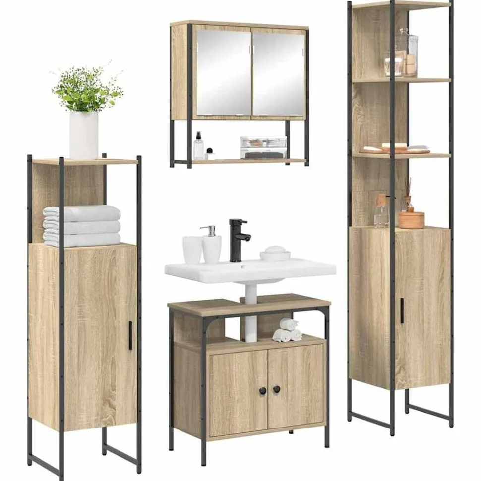 vidaXL Badkamermeubelset met plank 4 pcs Sonoma Eiken Bewerkt hout