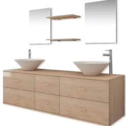 vidaXL Badkamermeubelset 9-delig met kraan en wasbak beige