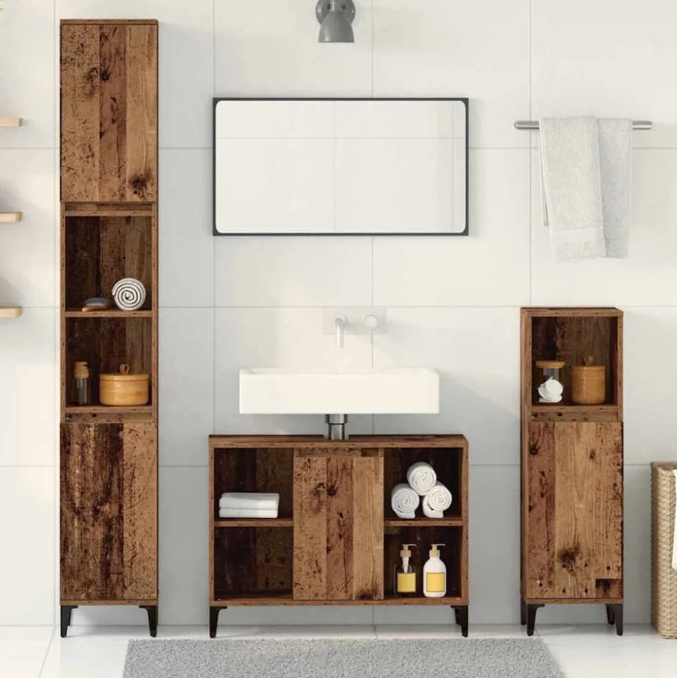 vidaXL Badkamermeubelset met plank 3 pcs Oud hout Bewerkt hout