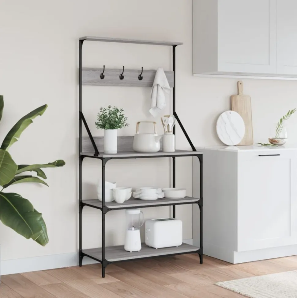 vidaXL Bakkersrek met haken 4-laags bewerkt hout grijs sonoma eiken