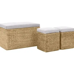 vidaXL Bankje met 2 poefs zeegras grijs
