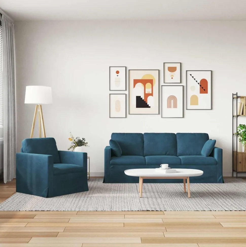 vidaXL Bankstel 2 pcs Blauw 198 x 78 x 80 cm Fluweel