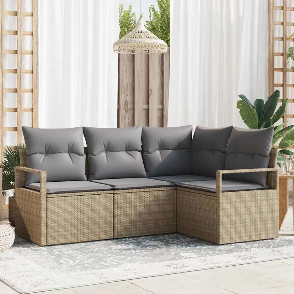 vidaXL Bankstel met kussen 4 pcs Beige en Licht Grijs poly rattan
