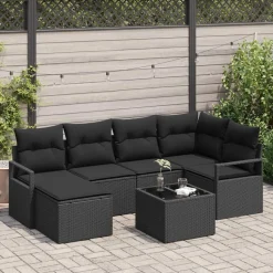 vidaXL Bankstel met kussen met opslag 7 pcs Zwart poly rattan