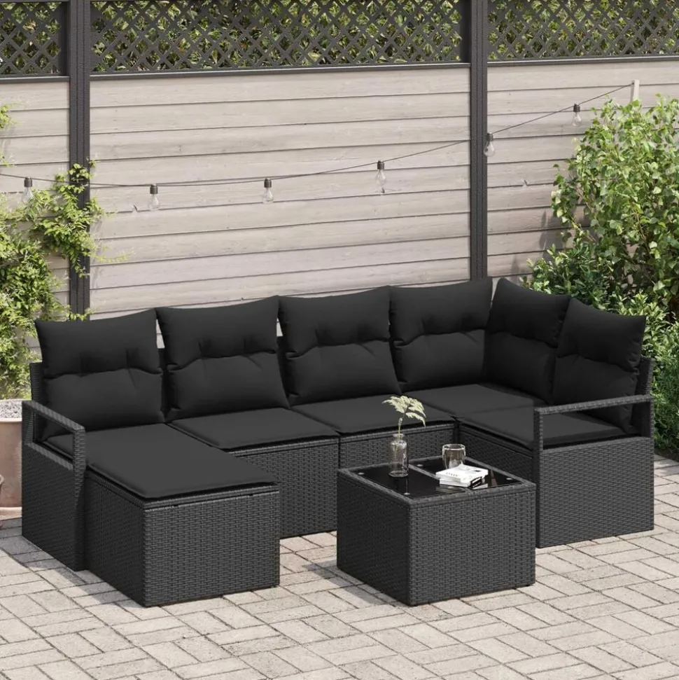 vidaXL Bankstel met kussen met opslag 7 pcs Zwart poly rattan