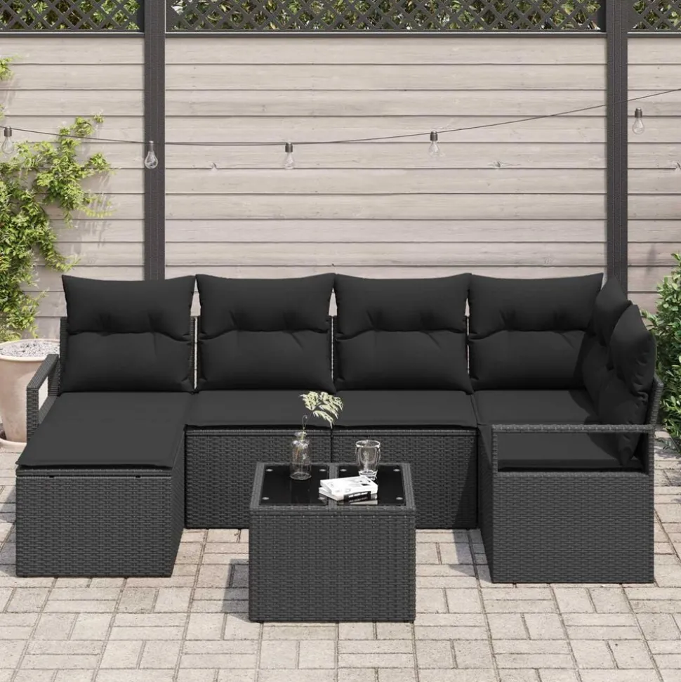 vidaXL Bankstel met kussen met opslag 7 pcs Zwart poly rattan