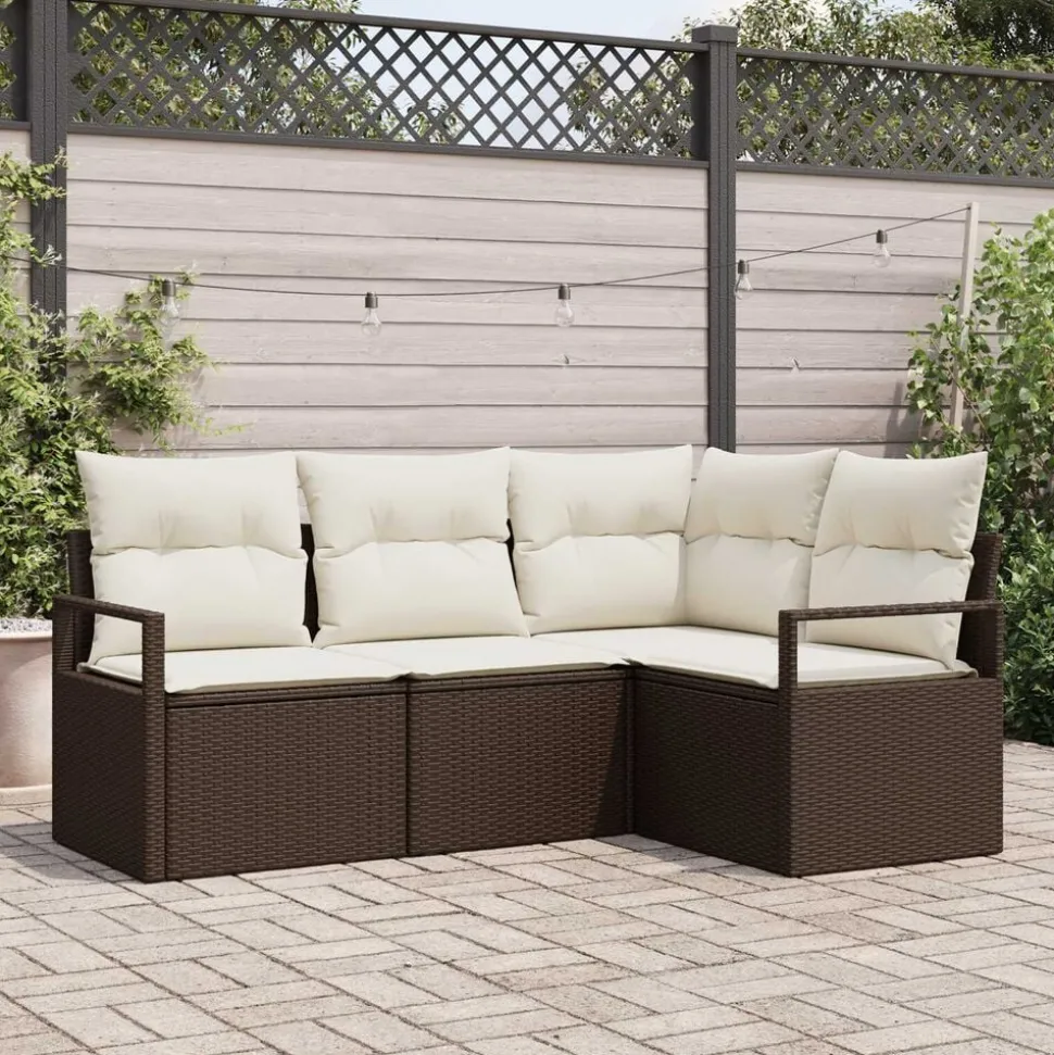 vidaXL Bankstel met kussen met opslag 4 pcs Bruin en Crème poly rattan