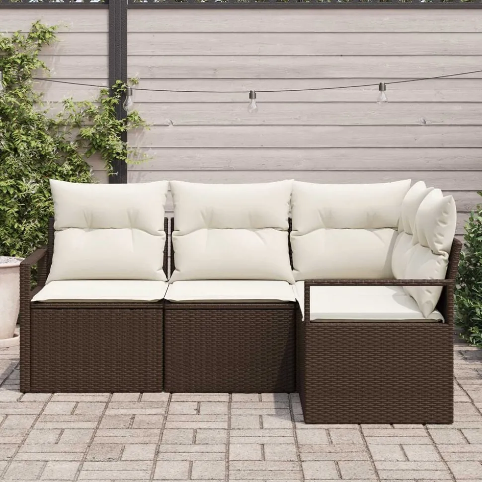 vidaXL Bankstel met kussen met opslag 4 pcs Bruin en Crème poly rattan