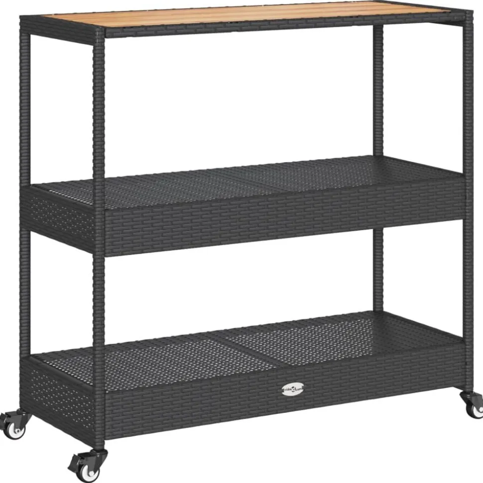 vidaXL Bartrolley 3-laags poly rattan en massief acaciahout zwart