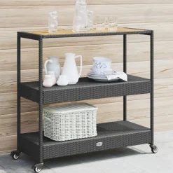 vidaXL Bartrolley 3-laags poly rattan en massief acaciahout zwart