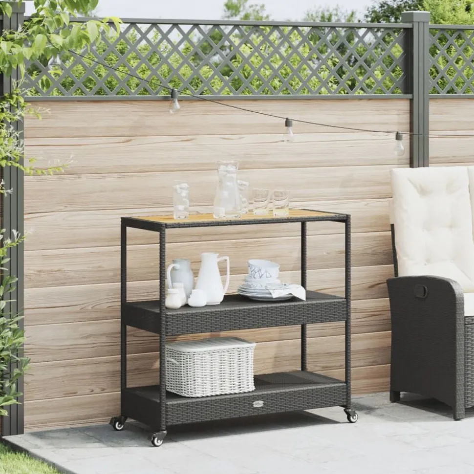 vidaXL Bartrolley 3-laags poly rattan en massief acaciahout zwart