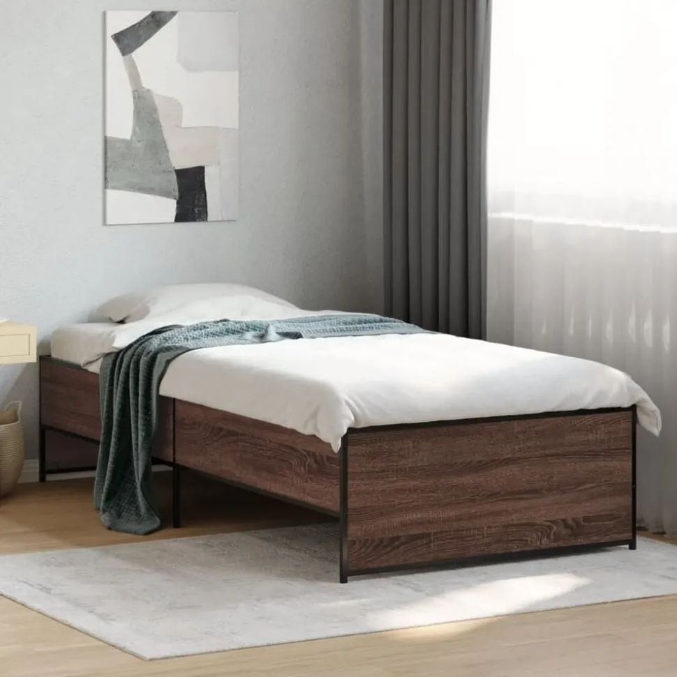 vidaXL Bedframe bewerkt hout en metaal bruin eikenkleurig 90x200 cm