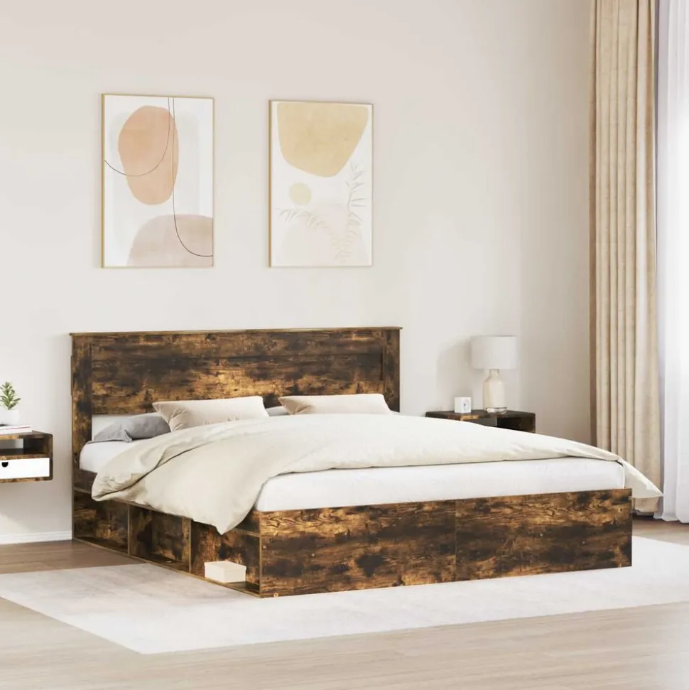 vidaXL Bedframe Gerookt eiken 200 x 200 cm Massief grenenhout