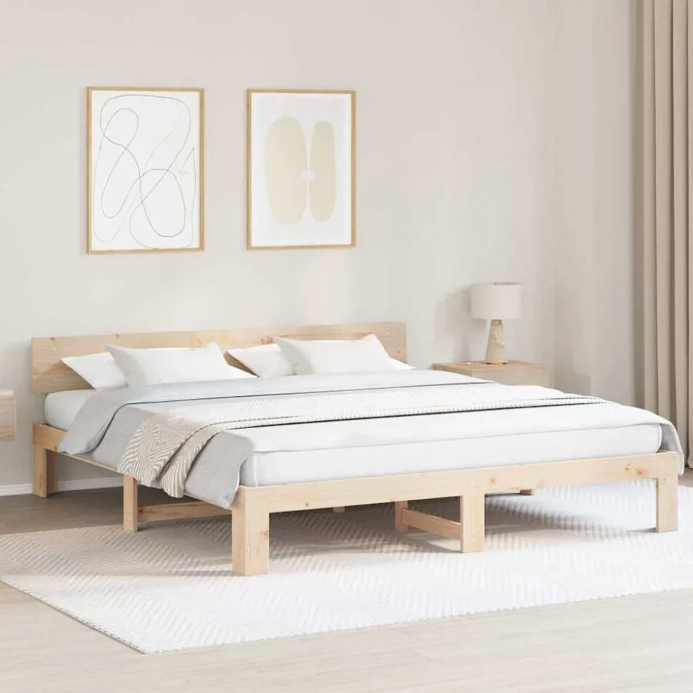 vidaXL Bedframe met hoofdeinde Naturel 200 x 200 cm Massief grenenhout