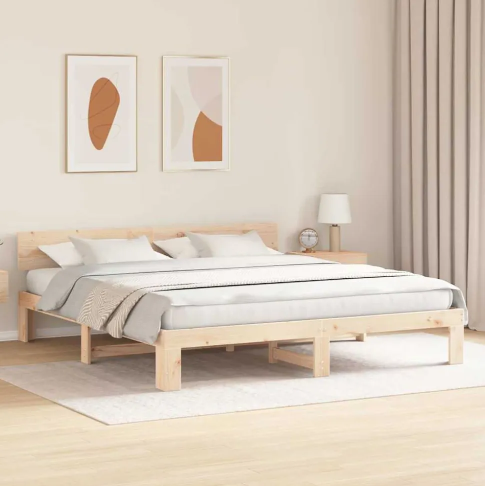vidaXL Bedframe met hoofdeinde Naturel 200 x 200 cm Massief grenenhout