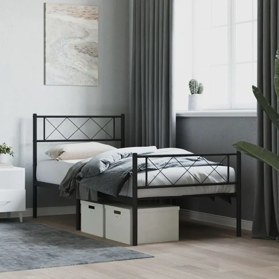 vidaXL Bedframe met hoofd- en voeteneinde metaal zwart 75x190 cm