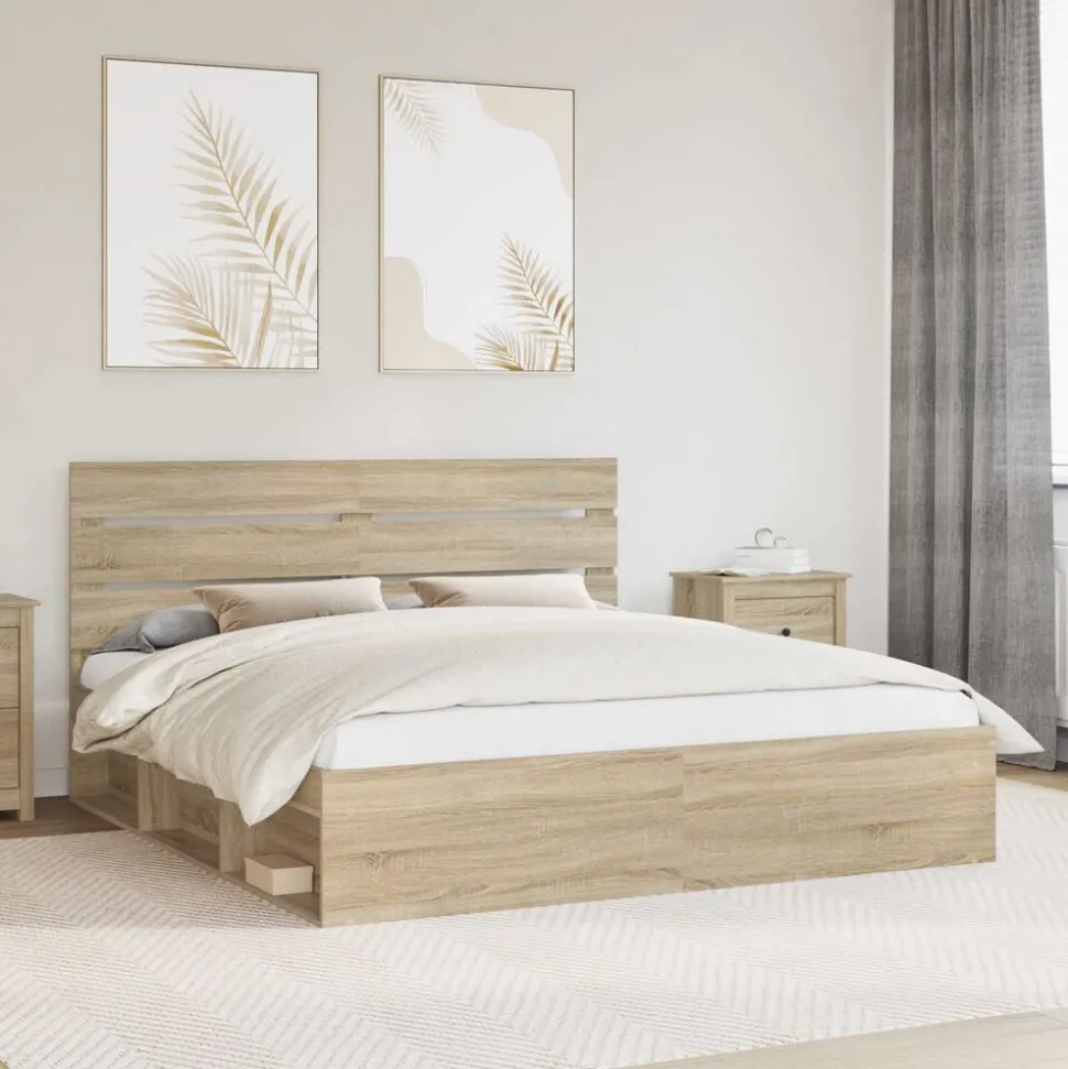 vidaXL Bedframe met hoofdeinde Sonoma 200 x 200 cm Massief grenenhout