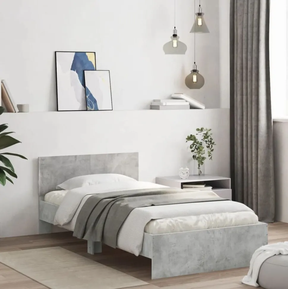 vidaXL Bedframe met hoofdbord en LED-verlichting betongrijs 100x200 cm