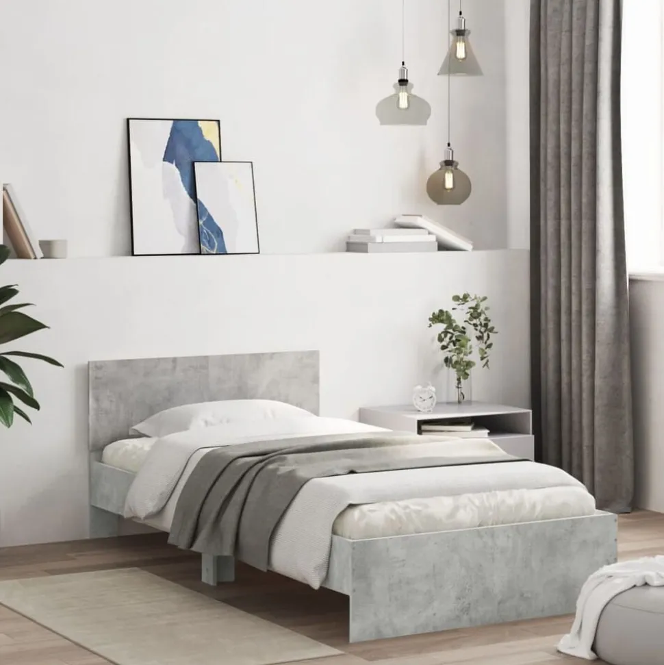 vidaXL Bedframe met hoofdeinde bewerkt hout betongrijs 100x200 cm