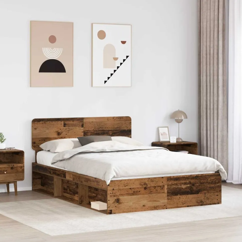 vidaXL Bedframe met hoofdeinde Oudhout 150 x 200 cm Massief grenenhout