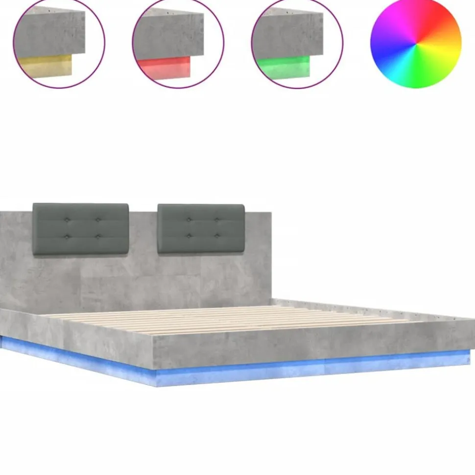 vidaXL Bedframe met hoofdbord en LED-verlichting betongrijs 200x200 cm