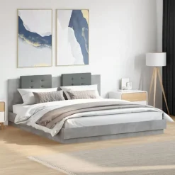 vidaXL Bedframe met hoofdbord en LED-verlichting betongrijs 200x200 cm