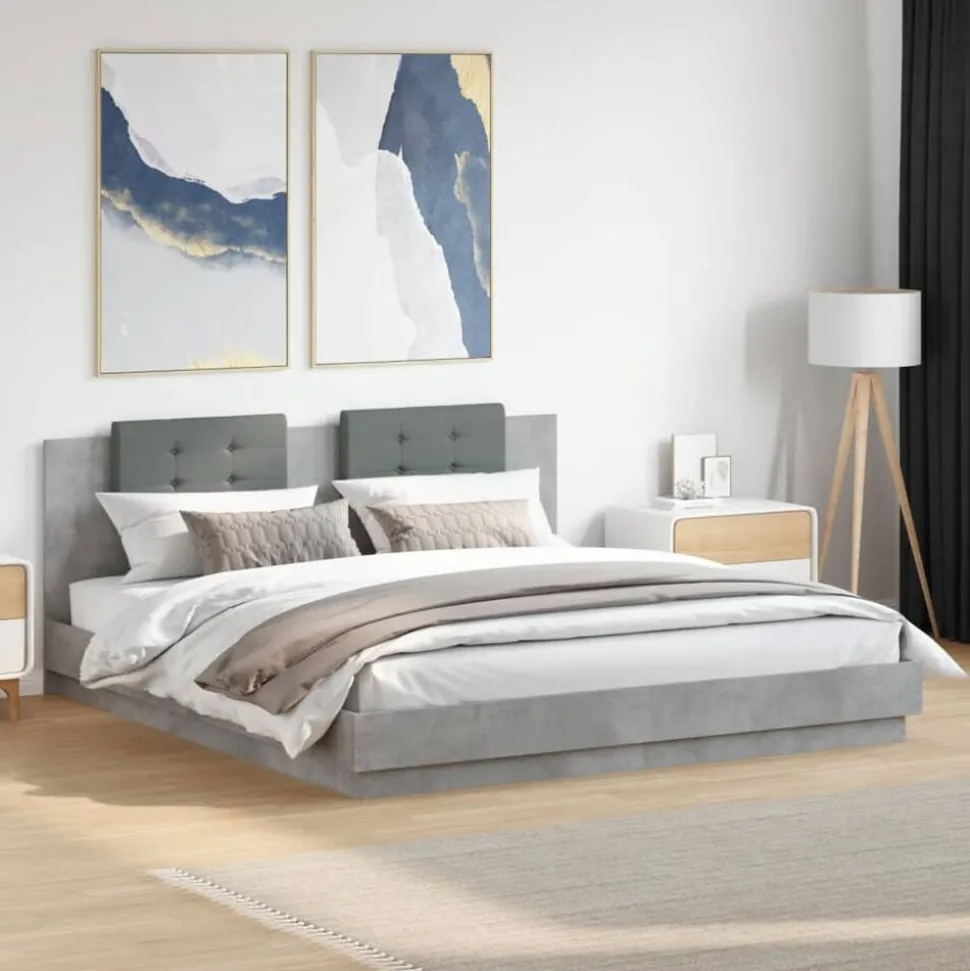 vidaXL Bedframe met hoofdbord en LED-verlichting betongrijs 200x200 cm