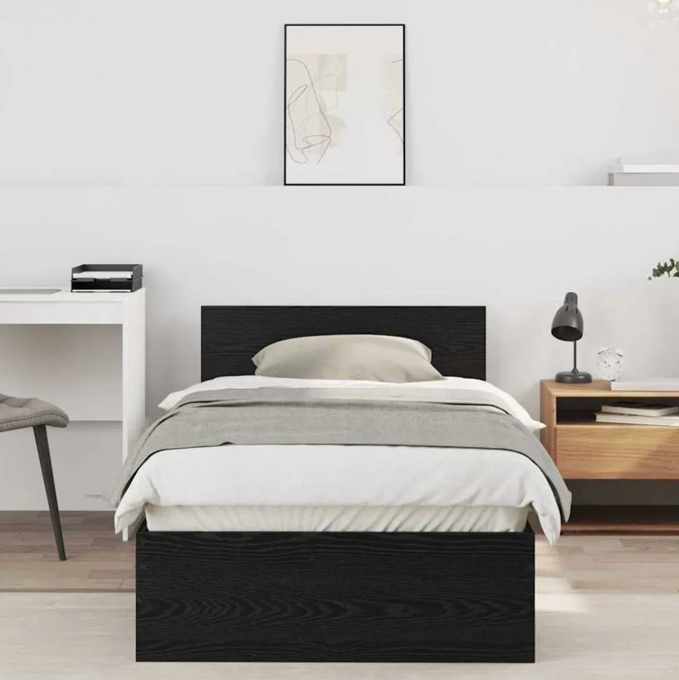 vidaXL Bedframe met hoofdeinde Zwart Eiken 90 x 200 cm Bewerkt hout