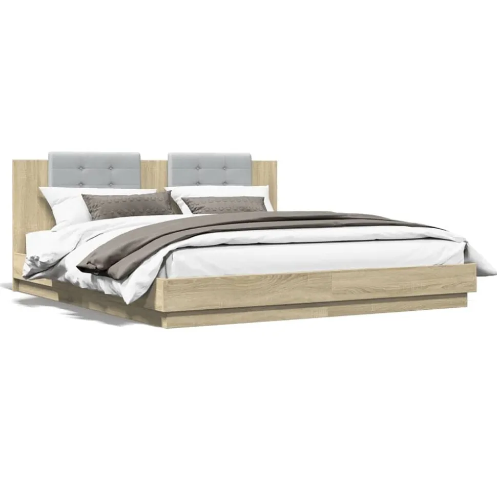 vidaXL Bedframe met hoofdeinde bewerkt hout sonoma eiken 200x200 cm