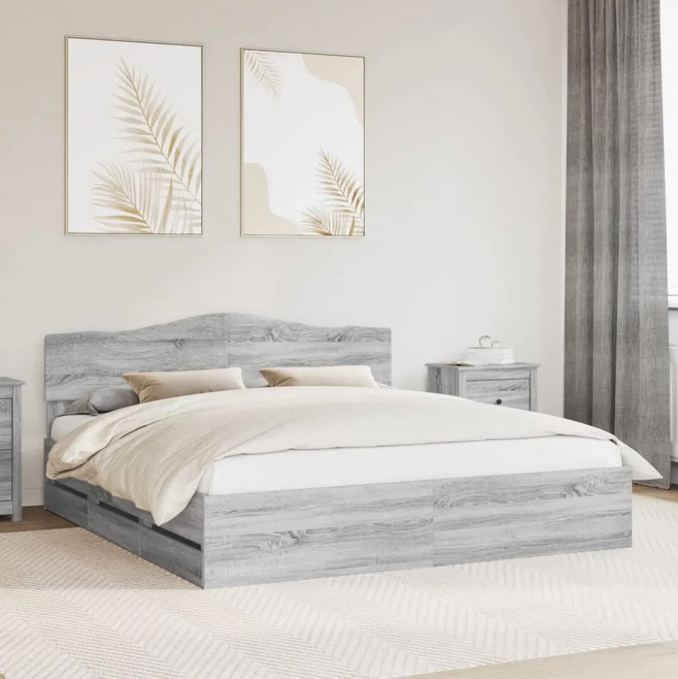 vidaXL Bedframe met lade Grijs Sonoma 200 x 200 cm Ingenieurshout