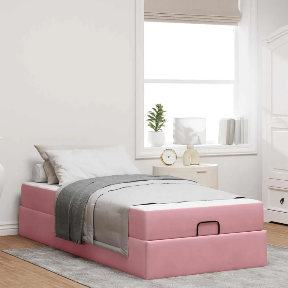 vidaXL Bedframe met matras 2 pcs Roze Fluweel