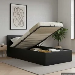 vidaXL Bedframe met opbergruimte hydraulisch kunstleer zwart 90x200 cm