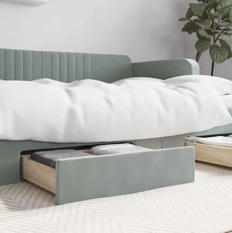 vidaXL Bedlades 2 st bewerkt hout en fluweel lichtgrijs