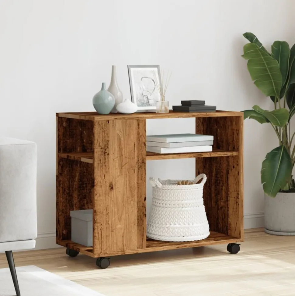 vidaXL Bijzettafel met wieltjes 70x35x60 cm bewerkt hout oud houtkleur
