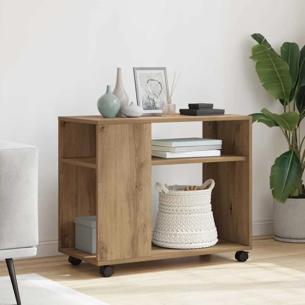 vidaXL Bijzettafel met wieltjes 70x35x60 cm hout artisanaal eikenkleur