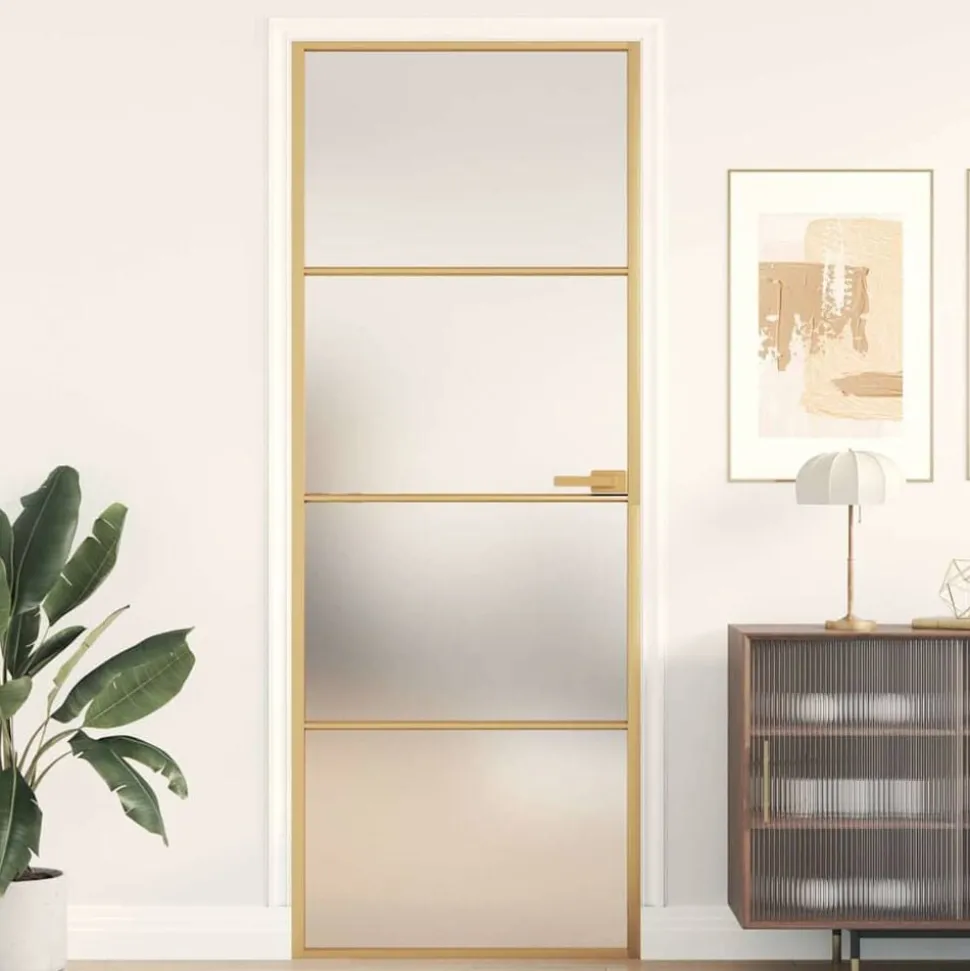 vidaXL Binnendeur smal 76x201,5 cm gehard glas en aluminium goudkleur