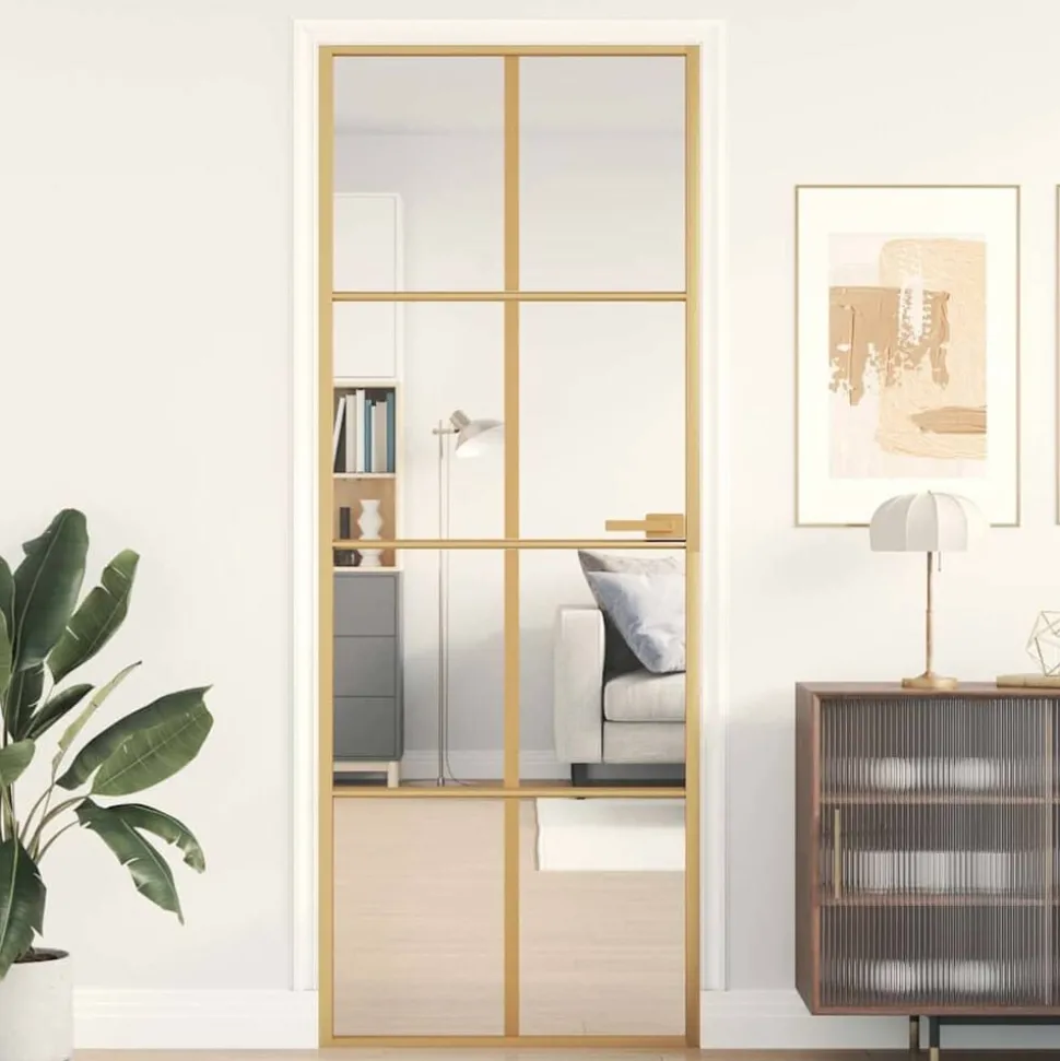 vidaXL Binnendeur smal 76x201,5 cm gehard glas en aluminium goudkleur