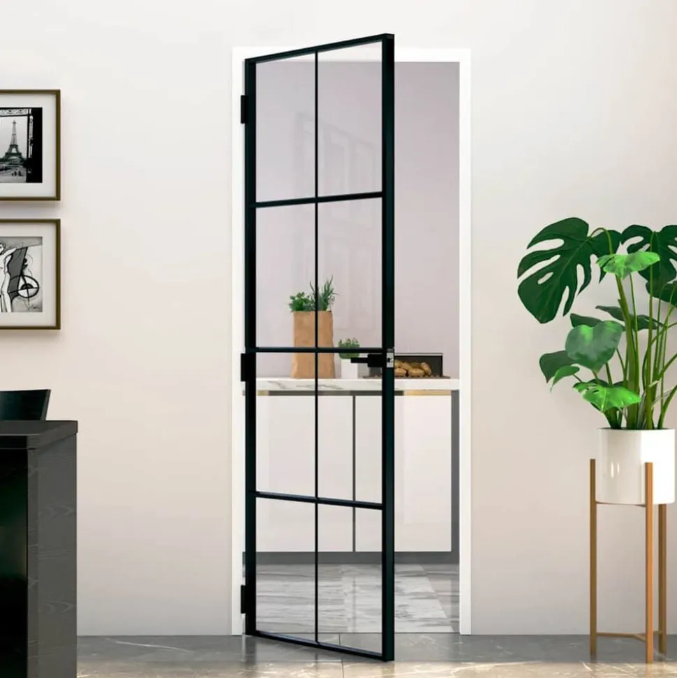 vidaXL Binnendeur 76x201,5 cm gehard glas en aluminium smal zwart