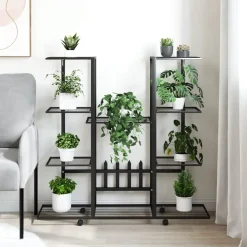 vidaXL Bloemenstandaard met wielen 94,5x24,5x91,5 cm ijzer zwart