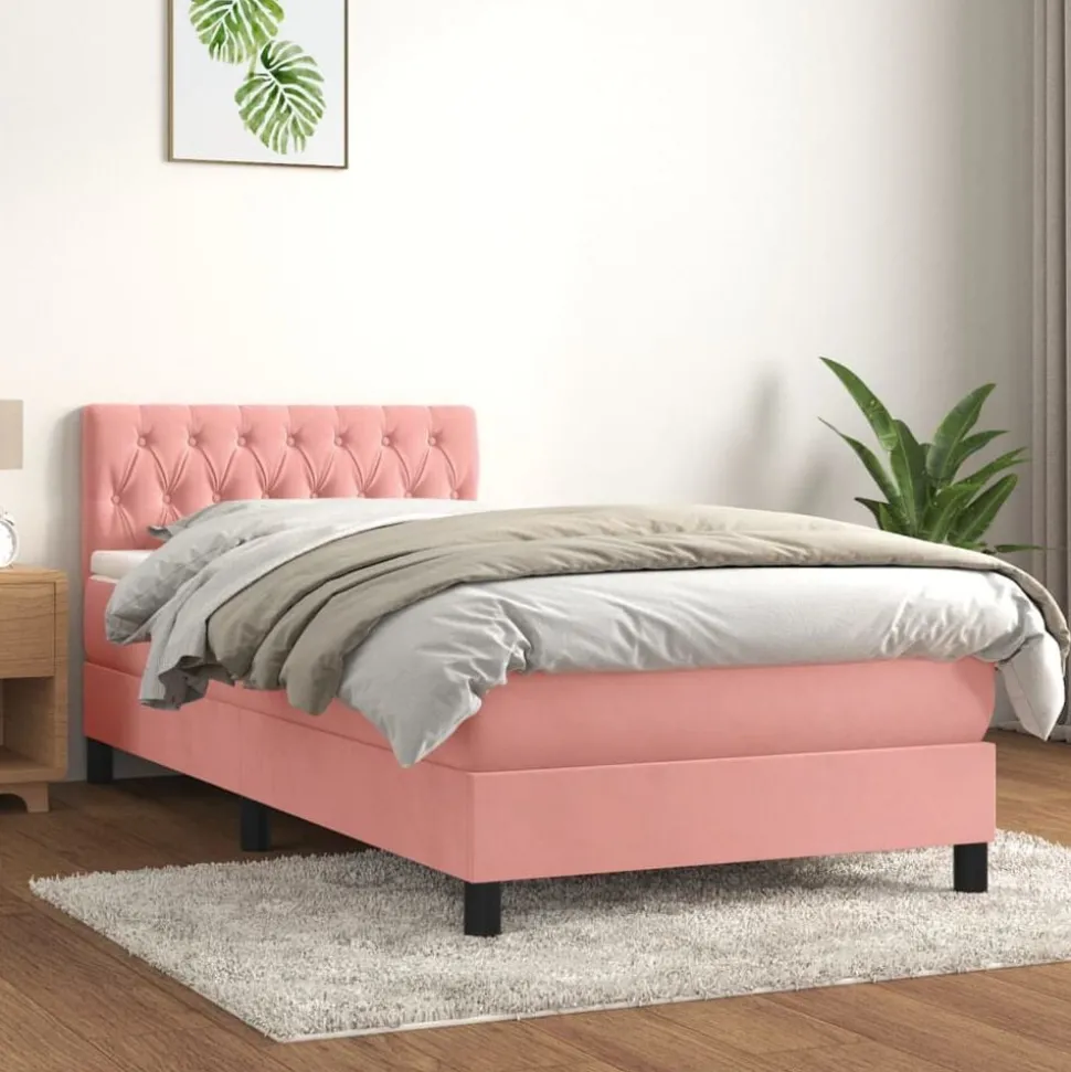 vidaXL Boxspring met matras fluweel roze 90x200 cm