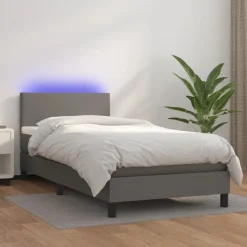 vidaXL Boxspring met matras en LED kunstleer grijs 80x200 cm